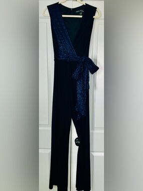 Gently Used (1 time) Black Jumpsuit with Navy Blue Wrap Tie Waist